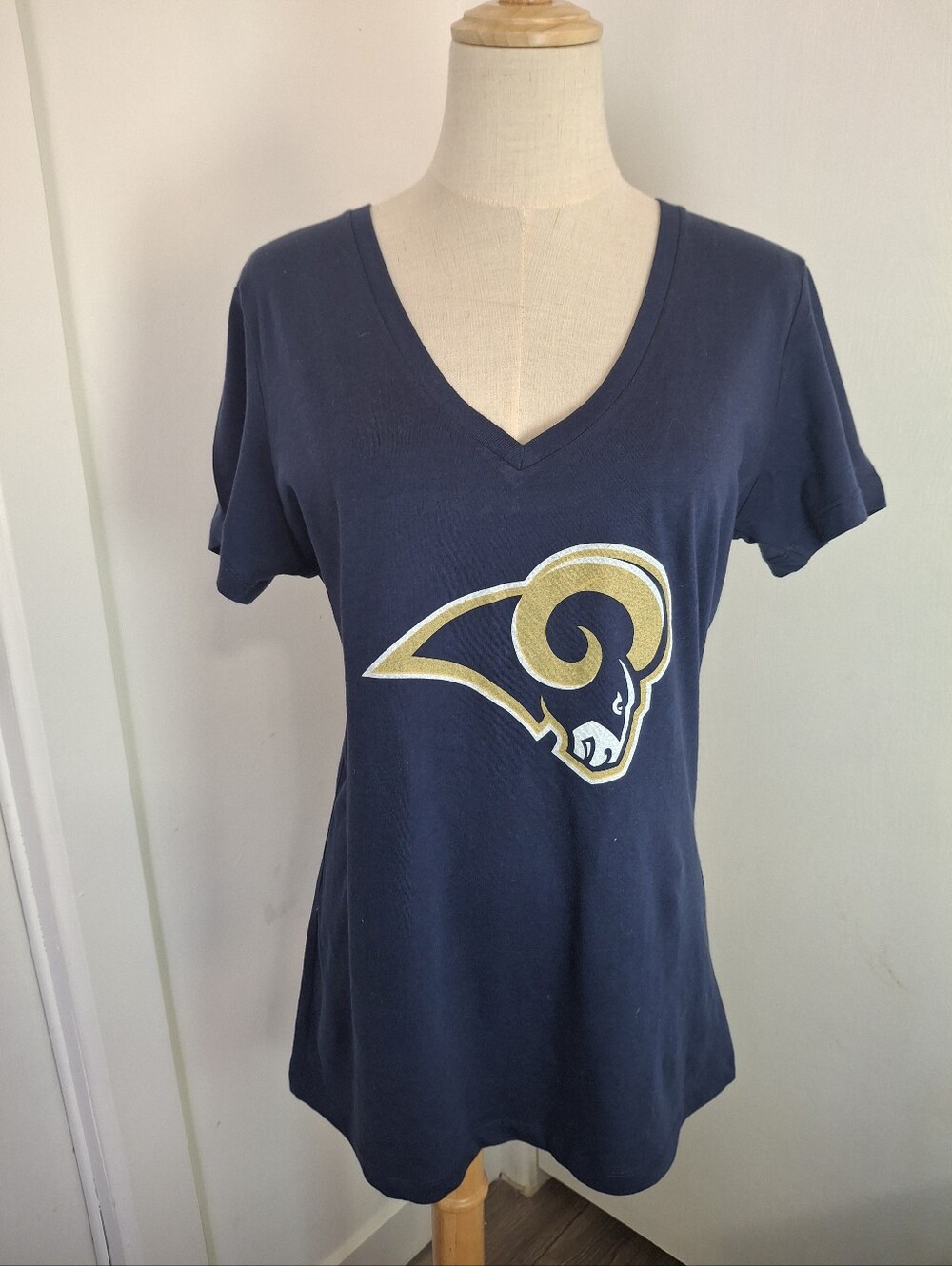 NFL Women's V-Neck Tee in Navy with Gold Rams Logo